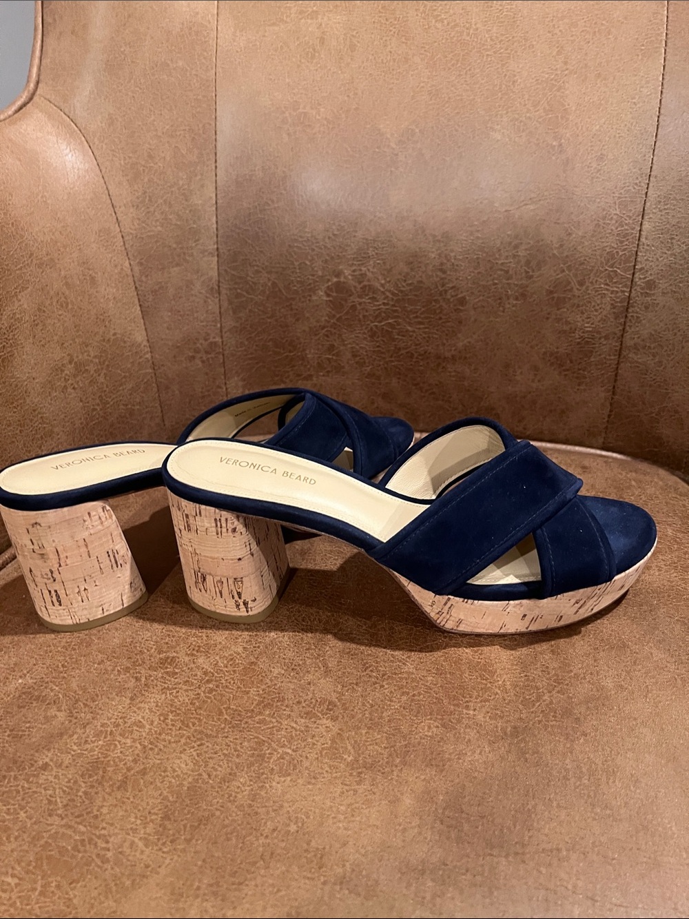 Veronica Beard Navy Suede Cork Block Heel Slides - Picture 8 of 9